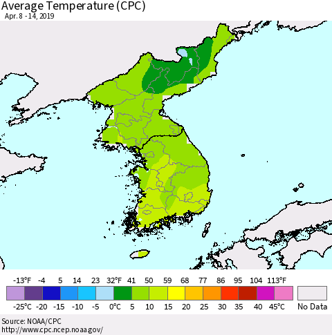 Korea Average Temperature (CPC) Thematic Map For 4/8/2019 - 4/14/2019