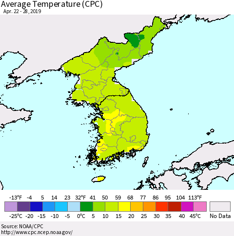 Korea Average Temperature (CPC) Thematic Map For 4/22/2019 - 4/28/2019