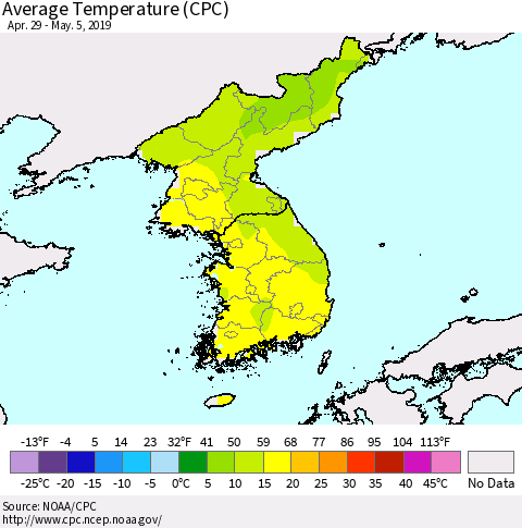 Korea Average Temperature (CPC) Thematic Map For 4/29/2019 - 5/5/2019