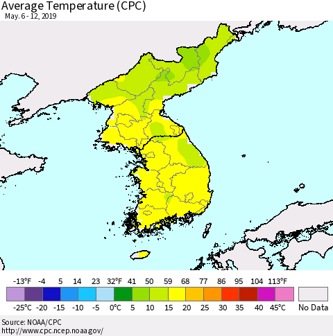 Korea Average Temperature (CPC) Thematic Map For 5/6/2019 - 5/12/2019