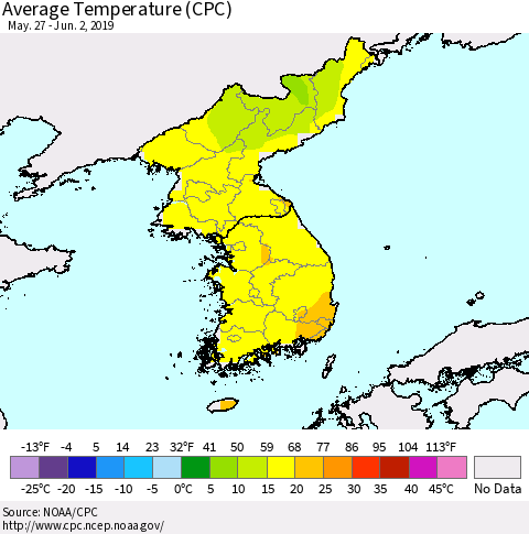 Korea Average Temperature (CPC) Thematic Map For 5/27/2019 - 6/2/2019