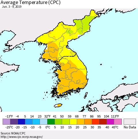 Korea Average Temperature (CPC) Thematic Map For 6/3/2019 - 6/9/2019