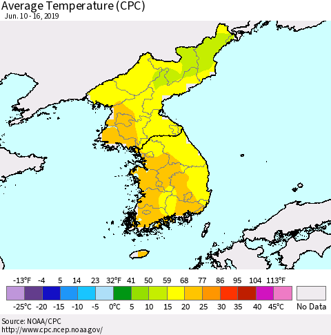 Korea Average Temperature (CPC) Thematic Map For 6/10/2019 - 6/16/2019