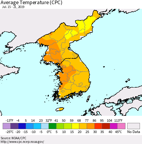 Korea Average Temperature (CPC) Thematic Map For 7/15/2019 - 7/21/2019