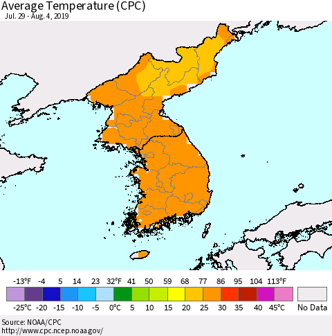 Korea Average Temperature (CPC) Thematic Map For 7/29/2019 - 8/4/2019