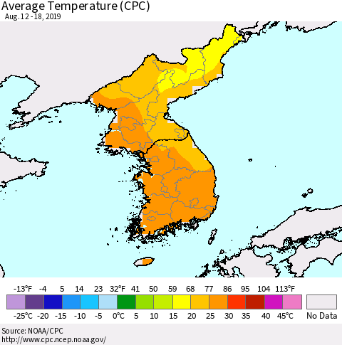 Korea Average Temperature (CPC) Thematic Map For 8/12/2019 - 8/18/2019