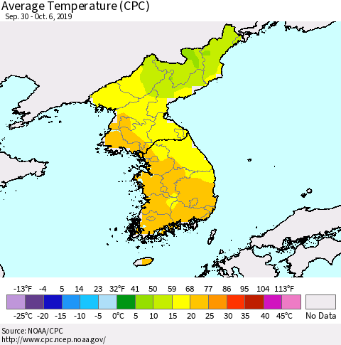 Korea Average Temperature (CPC) Thematic Map For 9/30/2019 - 10/6/2019