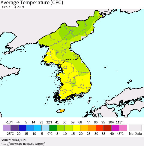 Korea Average Temperature (CPC) Thematic Map For 10/7/2019 - 10/13/2019