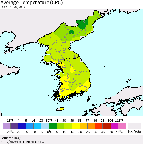 Korea Average Temperature (CPC) Thematic Map For 10/14/2019 - 10/20/2019