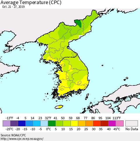 Korea Average Temperature (CPC) Thematic Map For 10/21/2019 - 10/27/2019