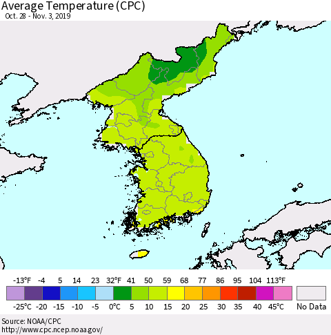 Korea Average Temperature (CPC) Thematic Map For 10/28/2019 - 11/3/2019