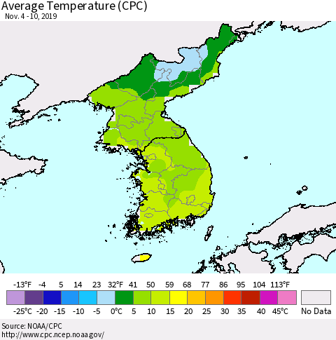 Korea Average Temperature (CPC) Thematic Map For 11/4/2019 - 11/10/2019