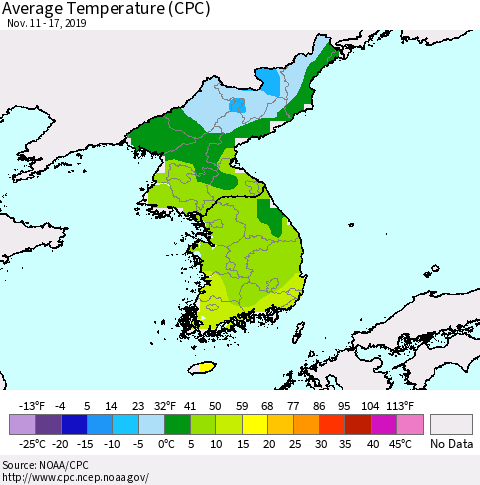 Korea Average Temperature (CPC) Thematic Map For 11/11/2019 - 11/17/2019