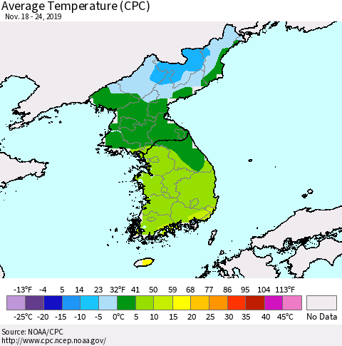 Korea Average Temperature (CPC) Thematic Map For 11/18/2019 - 11/24/2019
