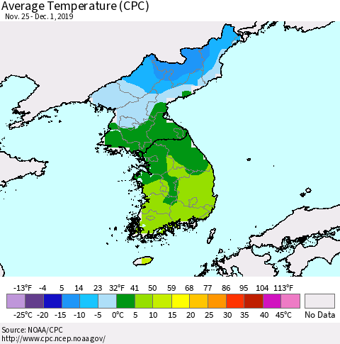 Korea Average Temperature (CPC) Thematic Map For 11/25/2019 - 12/1/2019