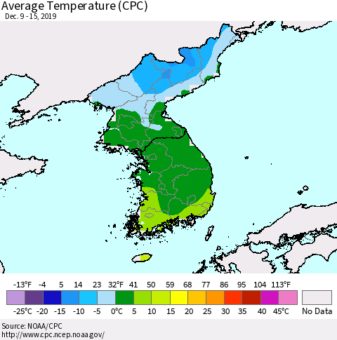 Korea Average Temperature (CPC) Thematic Map For 12/9/2019 - 12/15/2019