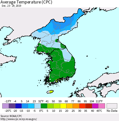 Korea Average Temperature (CPC) Thematic Map For 12/23/2019 - 12/29/2019
