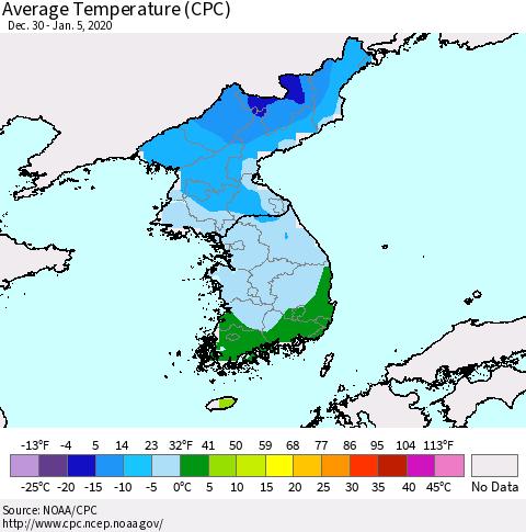 Korea Average Temperature (CPC) Thematic Map For 12/30/2019 - 1/5/2020
