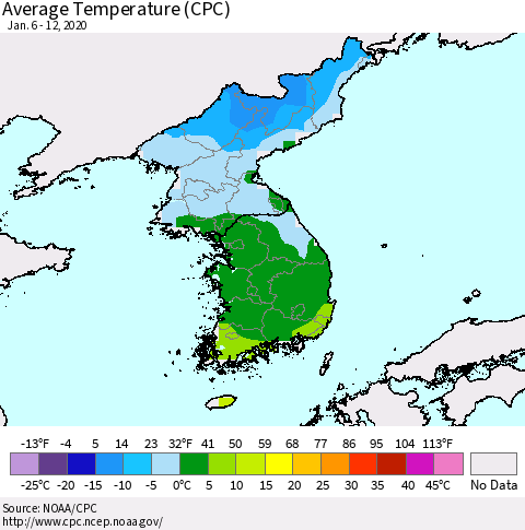 Korea Average Temperature (CPC) Thematic Map For 1/6/2020 - 1/12/2020