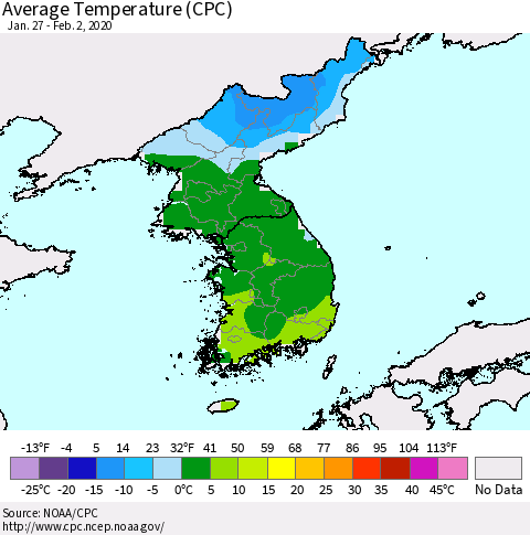 Korea Average Temperature (CPC) Thematic Map For 1/27/2020 - 2/2/2020
