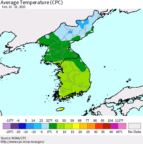 Korea Average Temperature (CPC) Thematic Map For 2/10/2020 - 2/16/2020