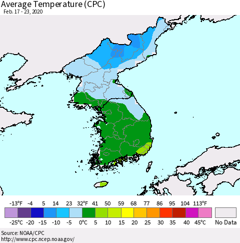 Korea Average Temperature (CPC) Thematic Map For 2/17/2020 - 2/23/2020