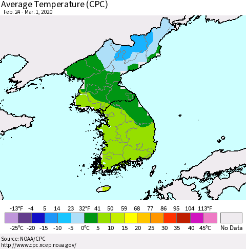 Korea Average Temperature (CPC) Thematic Map For 2/24/2020 - 3/1/2020