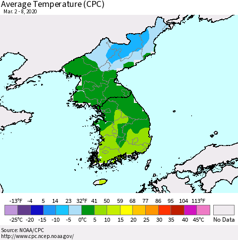 Korea Average Temperature (CPC) Thematic Map For 3/2/2020 - 3/8/2020
