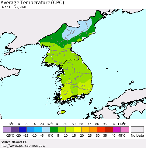 Korea Average Temperature (CPC) Thematic Map For 3/16/2020 - 3/22/2020