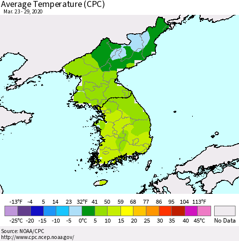 Korea Average Temperature (CPC) Thematic Map For 3/23/2020 - 3/29/2020