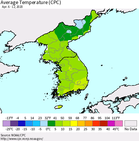 Korea Average Temperature (CPC) Thematic Map For 4/6/2020 - 4/12/2020
