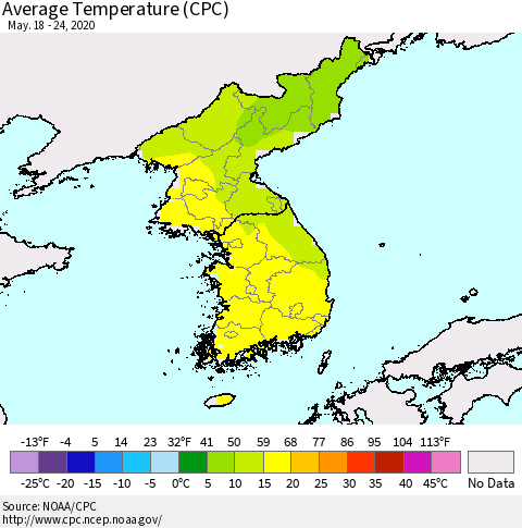Korea Average Temperature (CPC) Thematic Map For 5/18/2020 - 5/24/2020