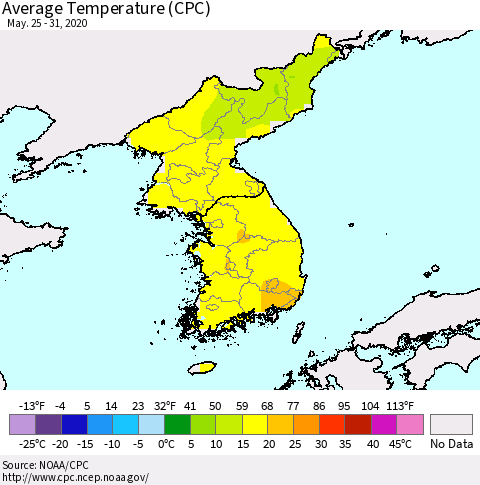 Korea Average Temperature (CPC) Thematic Map For 5/25/2020 - 5/31/2020