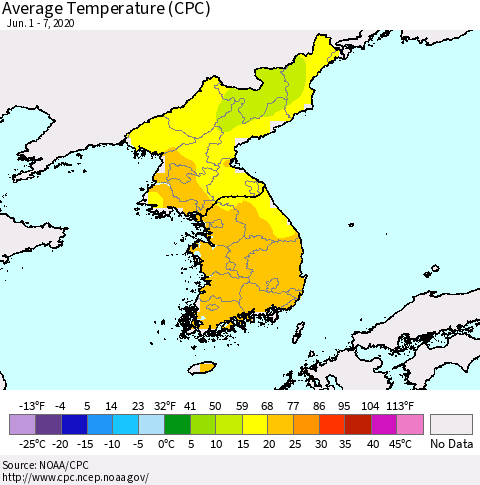 Korea Average Temperature (CPC) Thematic Map For 6/1/2020 - 6/7/2020
