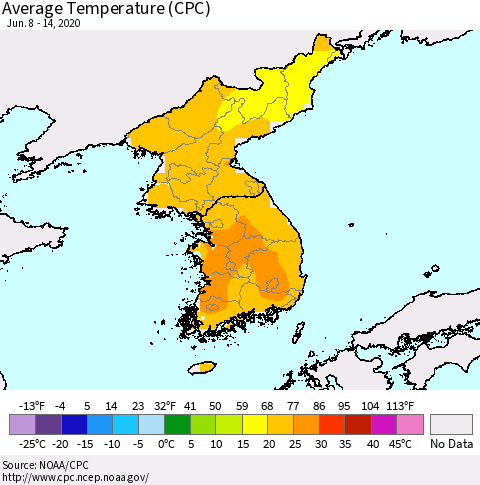 Korea Average Temperature (CPC) Thematic Map For 6/8/2020 - 6/14/2020