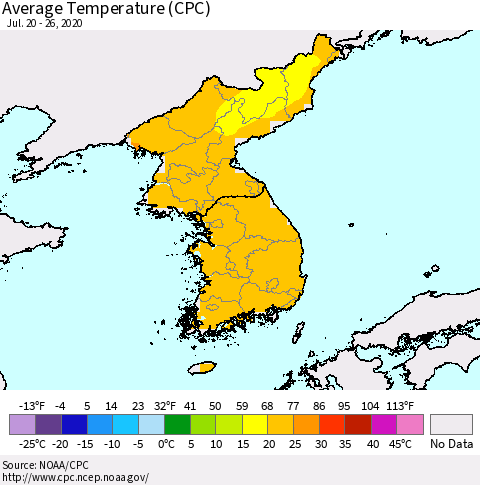 Korea Average Temperature (CPC) Thematic Map For 7/20/2020 - 7/26/2020
