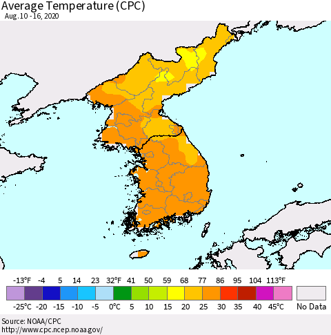 Korea Average Temperature (CPC) Thematic Map For 8/10/2020 - 8/16/2020