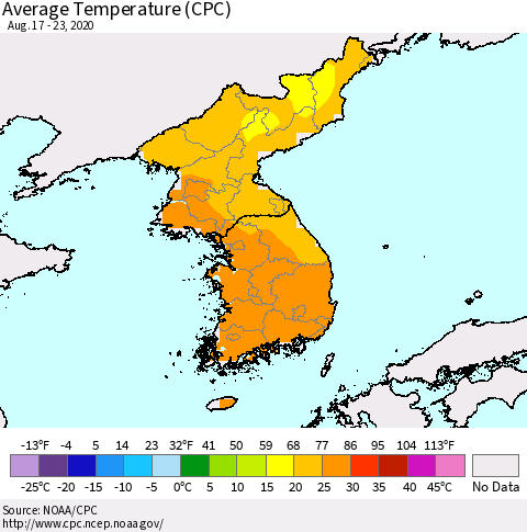 Korea Average Temperature (CPC) Thematic Map For 8/17/2020 - 8/23/2020