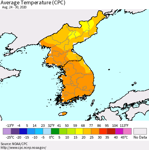 Korea Average Temperature (CPC) Thematic Map For 8/24/2020 - 8/30/2020