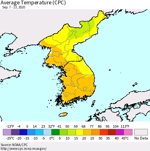 Korea Average Temperature (CPC) Thematic Map For 9/7/2020 - 9/13/2020