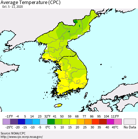 Korea Average Temperature (CPC) Thematic Map For 10/5/2020 - 10/11/2020