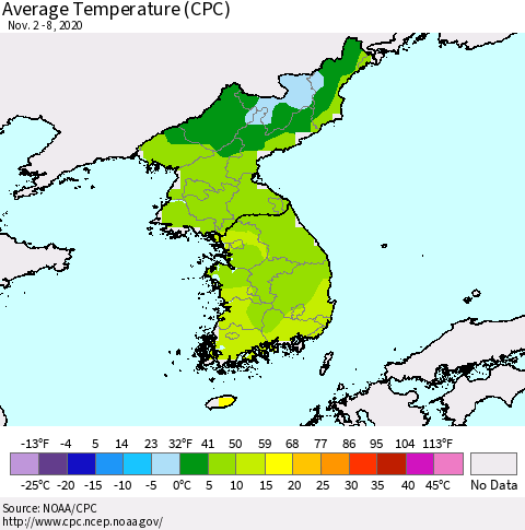 Korea Average Temperature (CPC) Thematic Map For 11/2/2020 - 11/8/2020