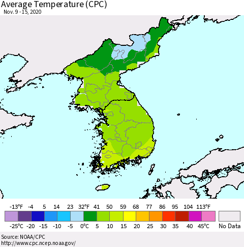 Korea Average Temperature (CPC) Thematic Map For 11/9/2020 - 11/15/2020