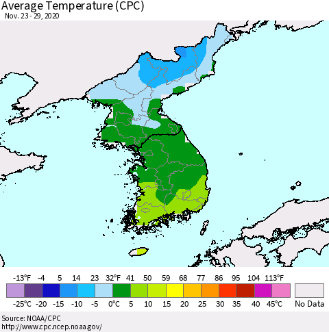 Korea Average Temperature (CPC) Thematic Map For 11/23/2020 - 11/29/2020