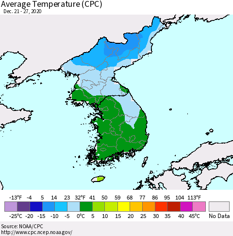 Korea Average Temperature (CPC) Thematic Map For 12/21/2020 - 12/27/2020