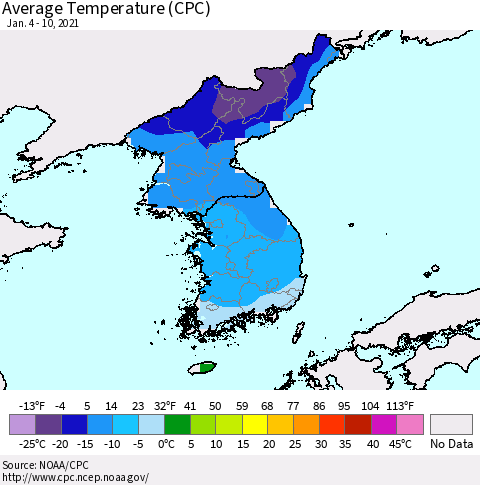 Korea Average Temperature (CPC) Thematic Map For 1/4/2021 - 1/10/2021
