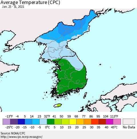 Korea Average Temperature (CPC) Thematic Map For 1/25/2021 - 1/31/2021