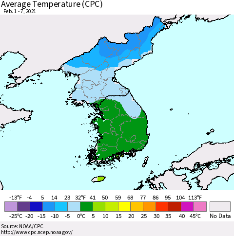 Korea Average Temperature (CPC) Thematic Map For 2/1/2021 - 2/7/2021