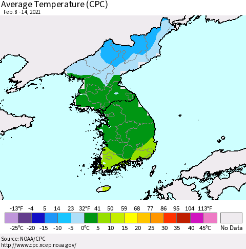 Korea Average Temperature (CPC) Thematic Map For 2/8/2021 - 2/14/2021