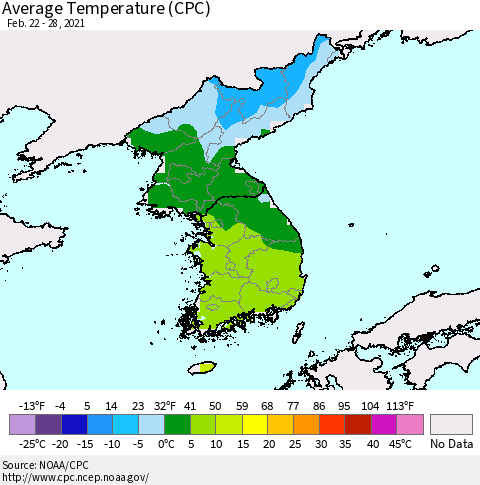 Korea Average Temperature (CPC) Thematic Map For 2/22/2021 - 2/28/2021